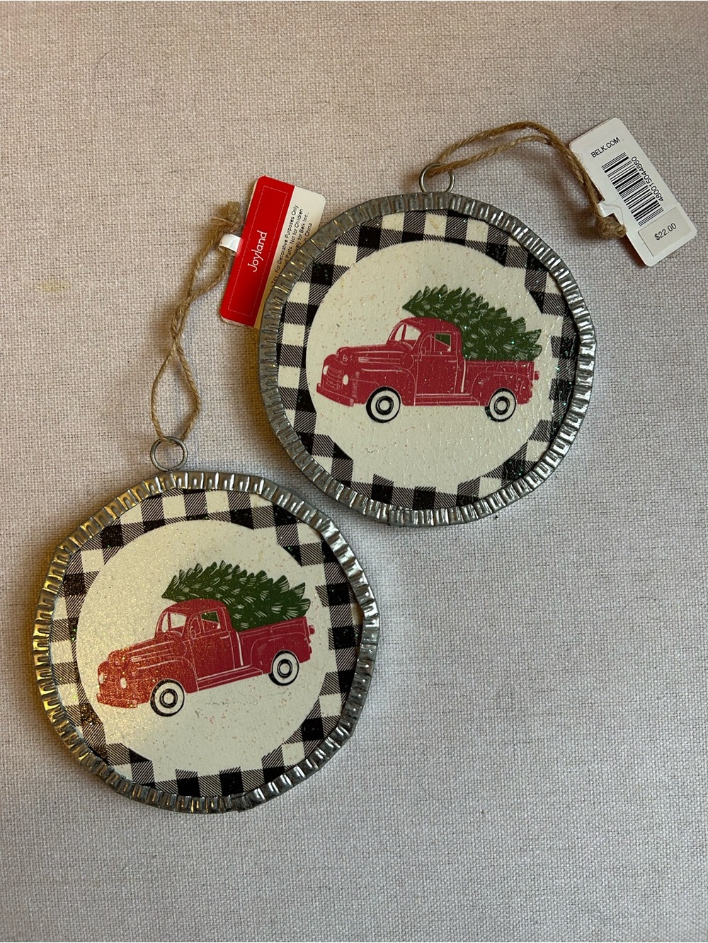 Red Truck Checkered Ornaments Set of 2 NWT